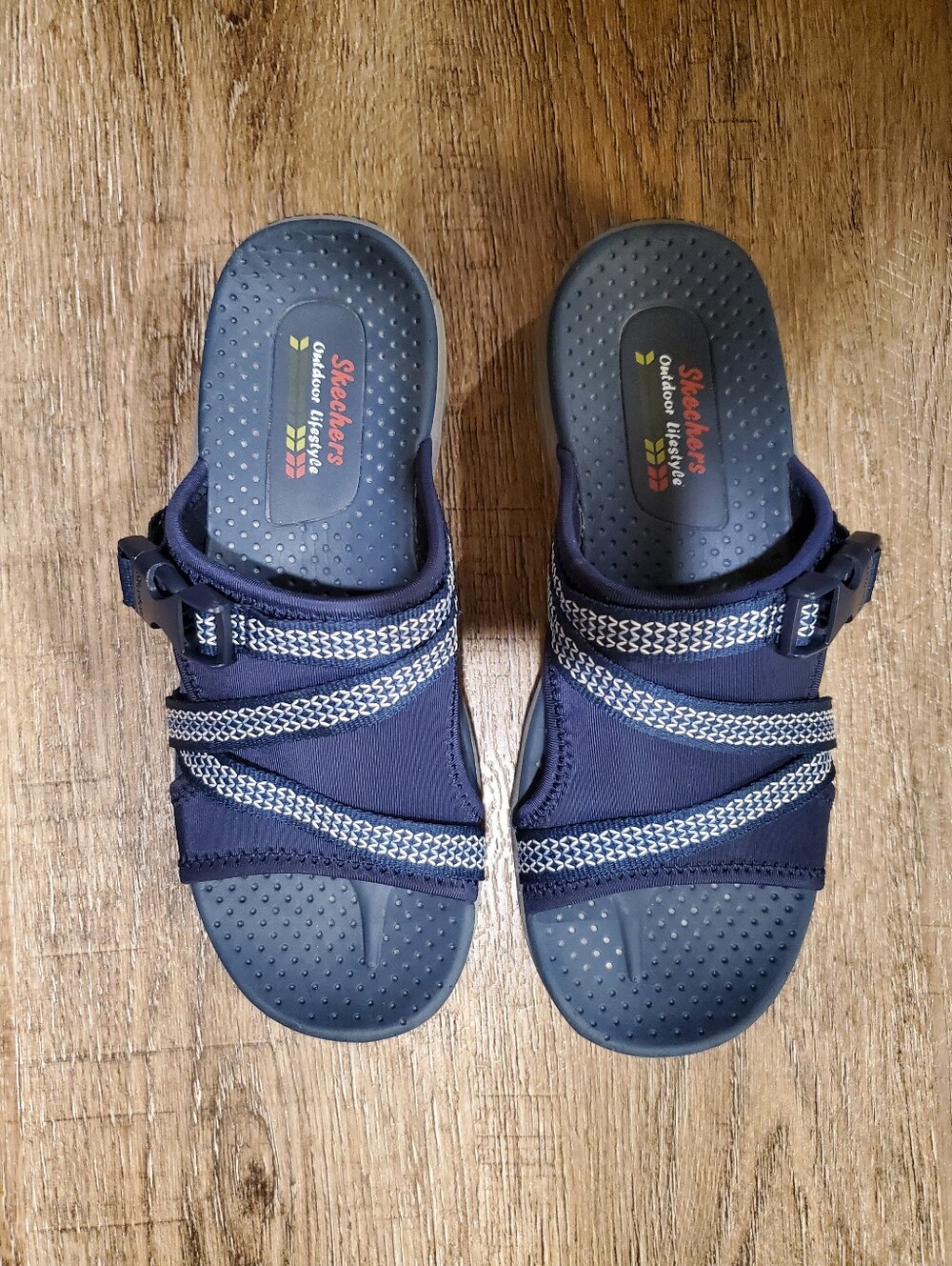 Skechers Navy and White Slide Sandals with Woven Straps